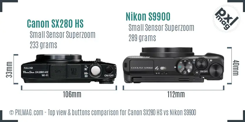 Canon SX280 HS vs Nikon S9900 top view buttons comparison
