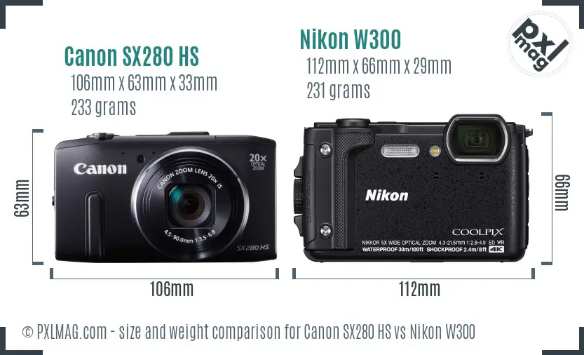 Canon SX280 HS vs Nikon W300 size comparison