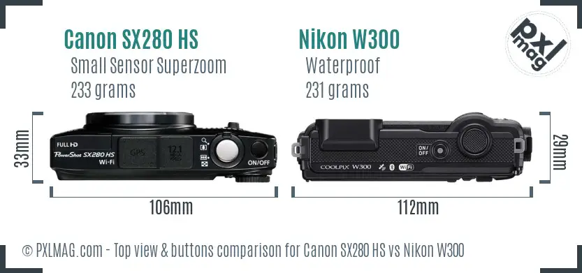Canon SX280 HS vs Nikon W300 top view buttons comparison