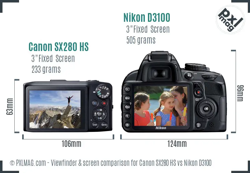 Canon SX280 HS vs Nikon D3100 Screen and Viewfinder comparison