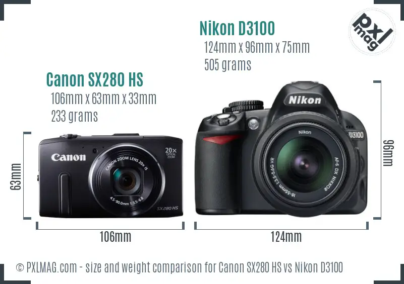 Canon SX280 HS vs Nikon D3100 size comparison