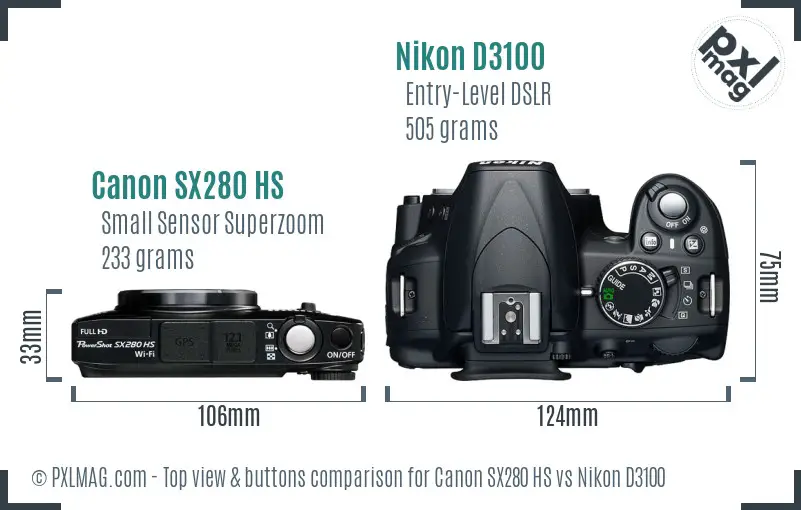 Canon SX280 HS vs Nikon D3100 top view buttons comparison