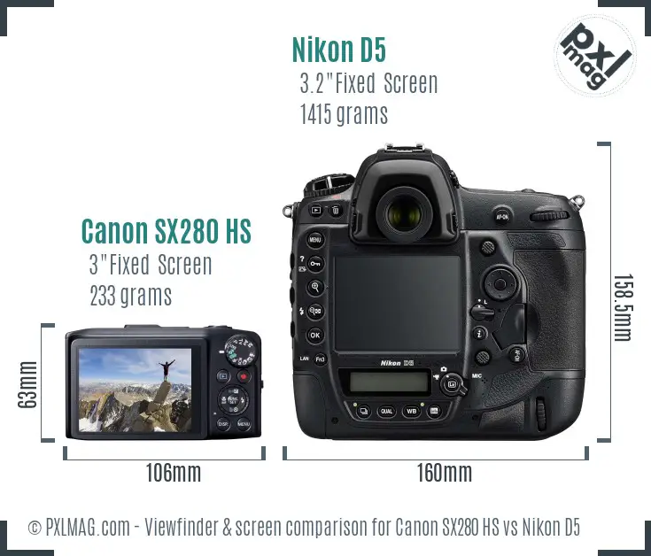 Canon SX280 HS vs Nikon D5 Screen and Viewfinder comparison