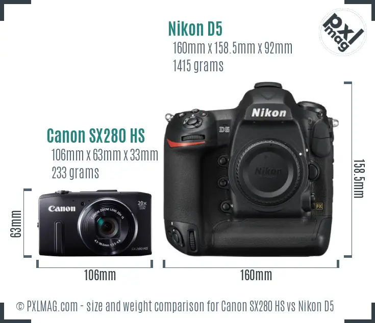 Canon SX280 HS vs Nikon D5 size comparison