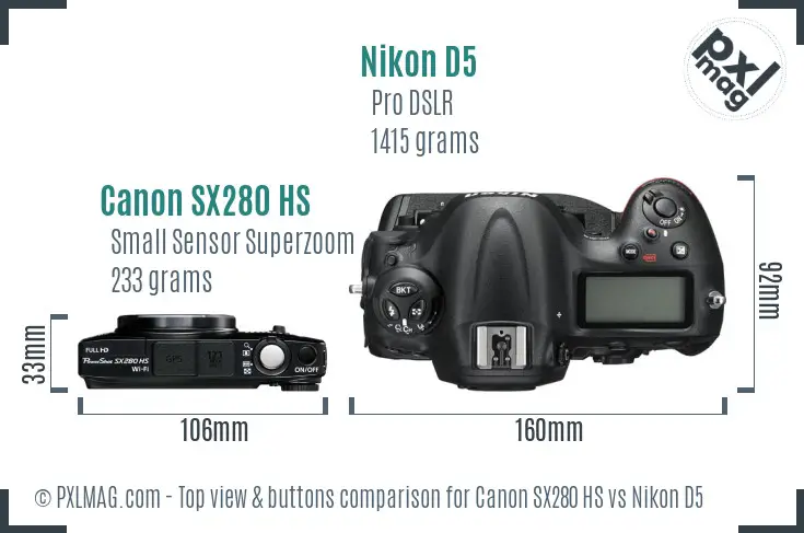 Canon SX280 HS vs Nikon D5 top view buttons comparison