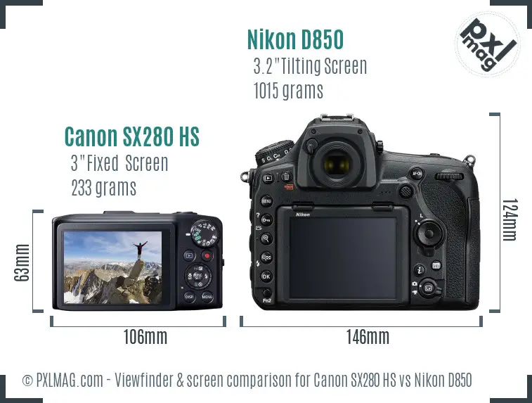 Canon SX280 HS vs Nikon D850 Screen and Viewfinder comparison