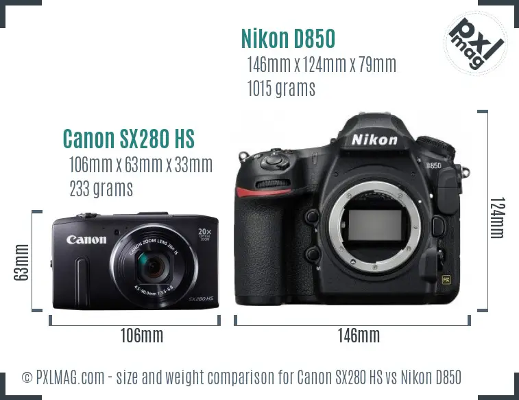 Canon SX280 HS vs Nikon D850 size comparison