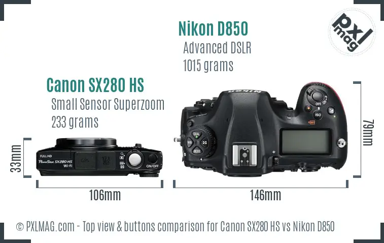 Canon SX280 HS vs Nikon D850 top view buttons comparison
