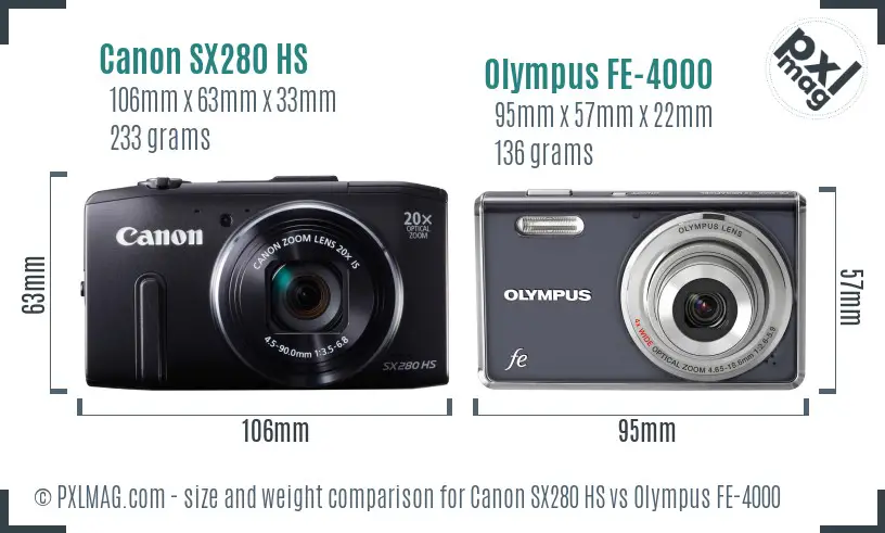 Canon SX280 HS vs Olympus FE-4000 size comparison