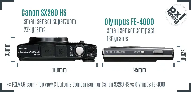 Canon SX280 HS vs Olympus FE-4000 top view buttons comparison