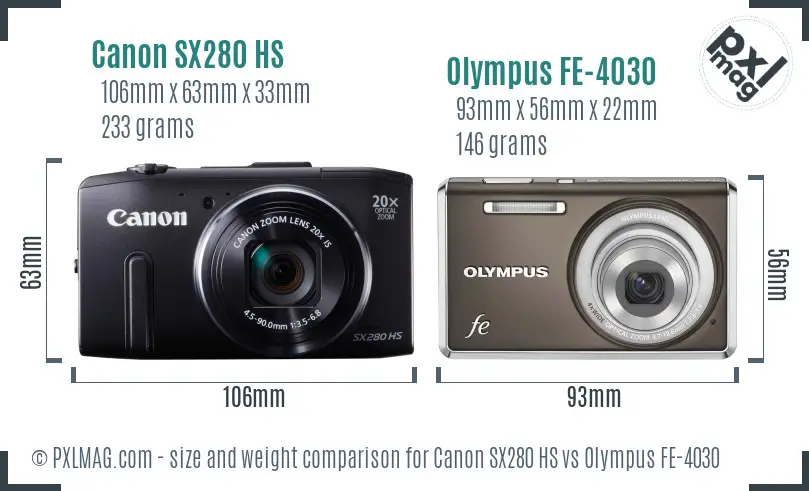 Canon SX280 HS vs Olympus FE-4030 size comparison