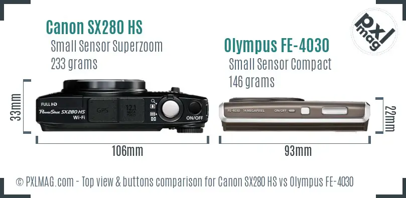 Canon SX280 HS vs Olympus FE-4030 top view buttons comparison