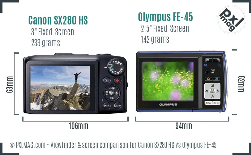 Canon SX280 HS vs Olympus FE-45 Screen and Viewfinder comparison