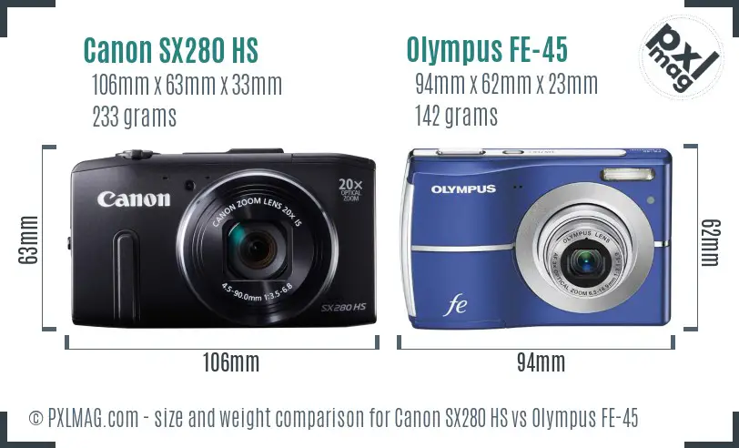 Canon SX280 HS vs Olympus FE-45 size comparison