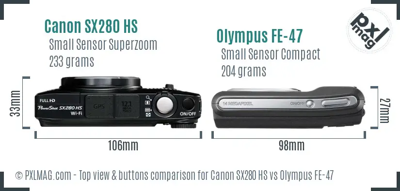 Canon SX280 HS vs Olympus FE-47 top view buttons comparison