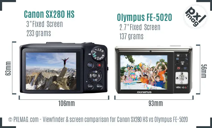 Canon SX280 HS vs Olympus FE-5020 Screen and Viewfinder comparison