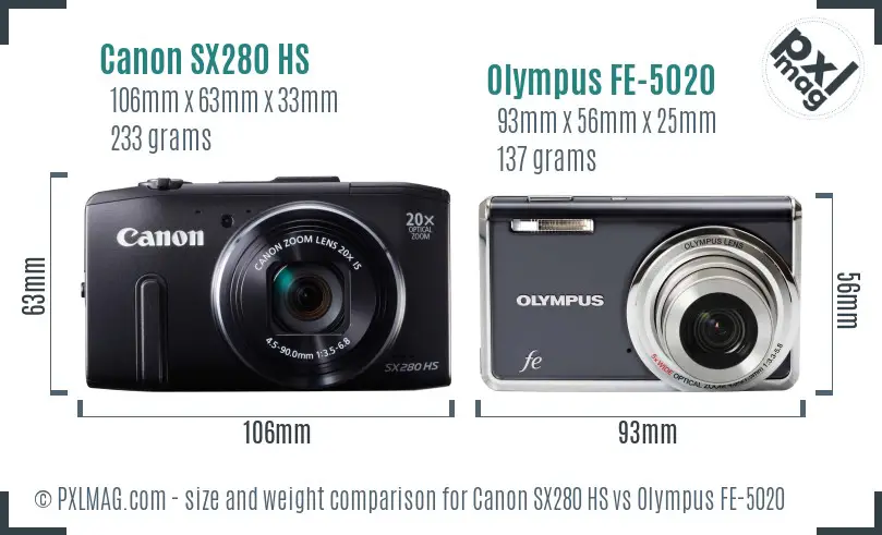 Canon SX280 HS vs Olympus FE-5020 size comparison