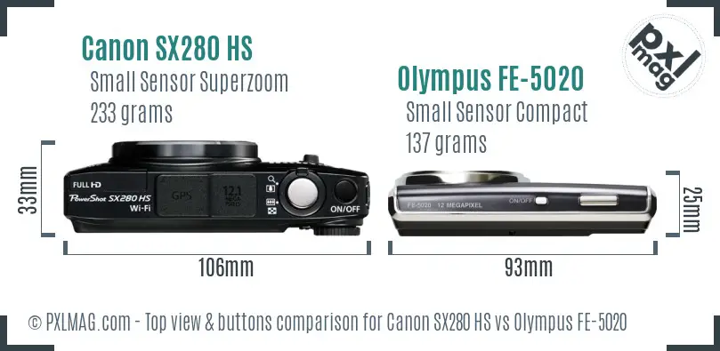 Canon SX280 HS vs Olympus FE-5020 top view buttons comparison