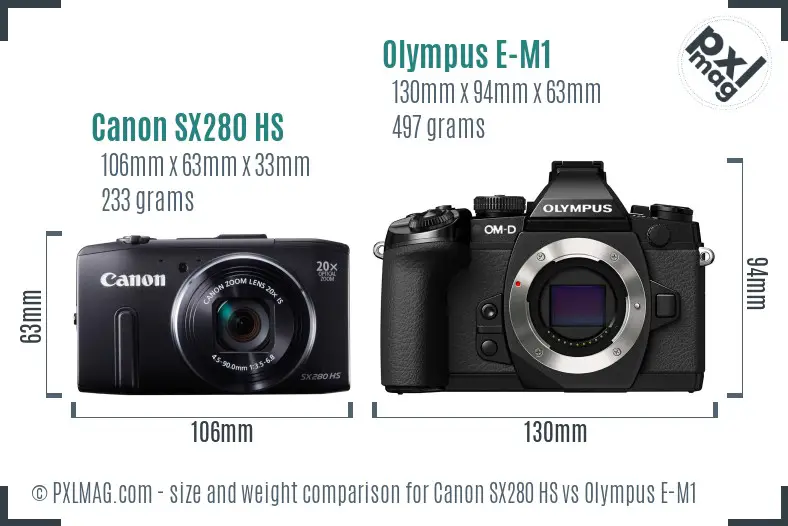 Canon SX280 HS vs Olympus E-M1 size comparison