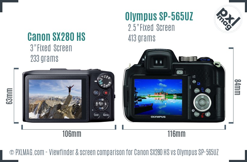 Canon SX280 HS vs Olympus SP-565UZ Screen and Viewfinder comparison