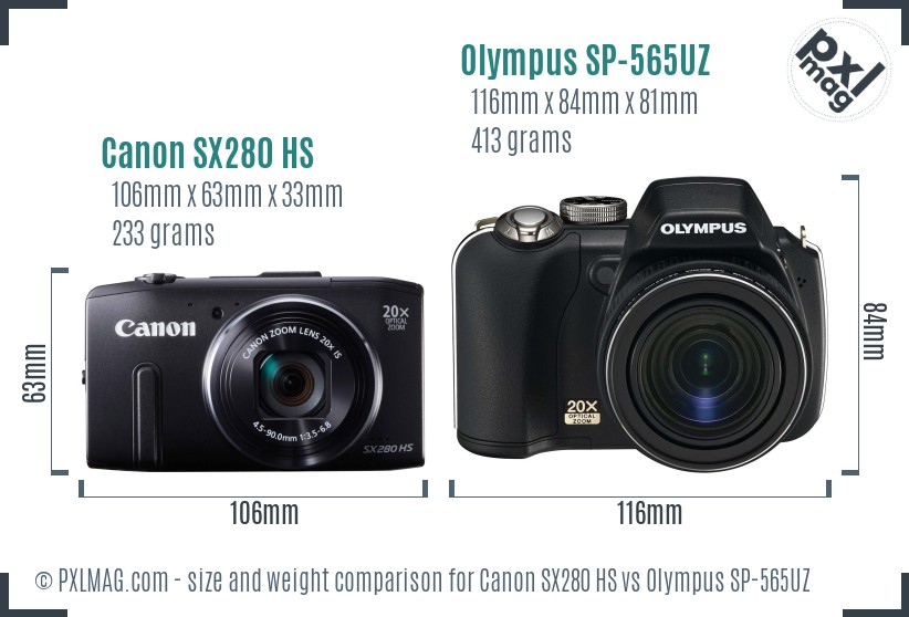 Canon SX280 HS vs Olympus SP-565UZ size comparison Canon SX280 HS vs Olympus SP-565UZ size comparison