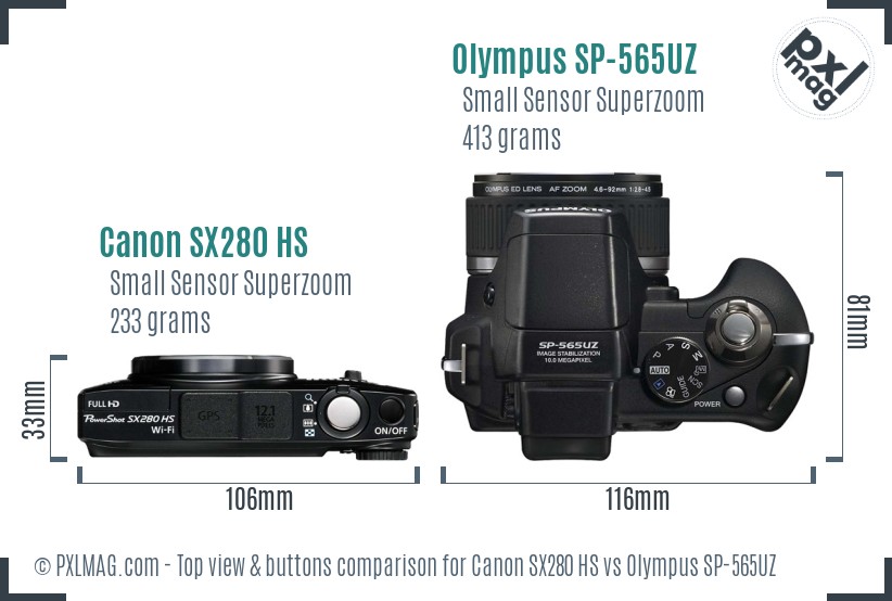 Canon SX280 HS vs Olympus SP-565UZ top view buttons comparison