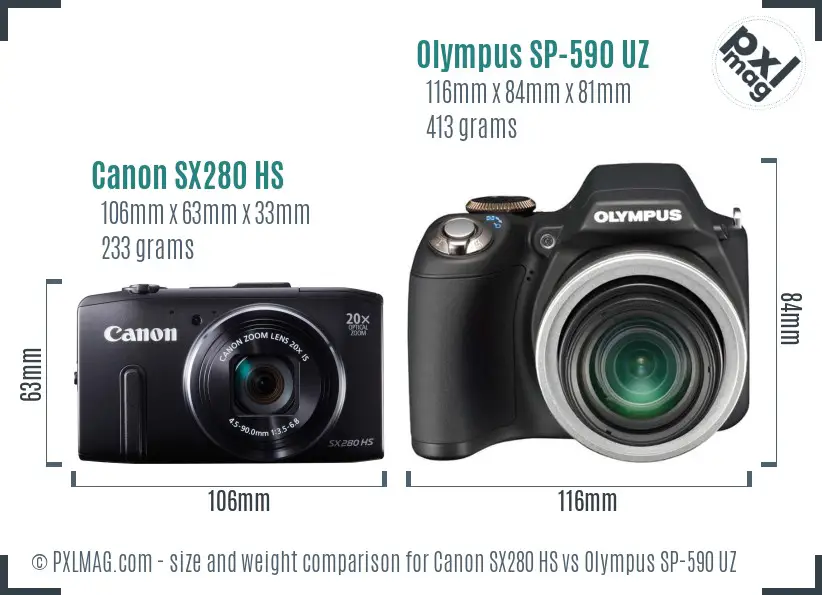 Canon SX280 HS vs Olympus SP-590 UZ size comparison Canon SX280 HS vs Olympus SP-590 UZ size comparison