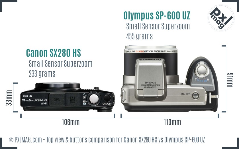 Canon SX280 HS vs Olympus SP-600 UZ top view buttons comparison