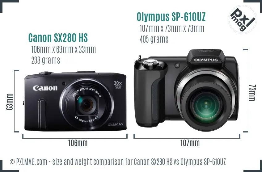 Canon SX280 HS vs Olympus SP-610UZ size comparison Canon SX280 HS vs Olympus SP-610UZ size comparison