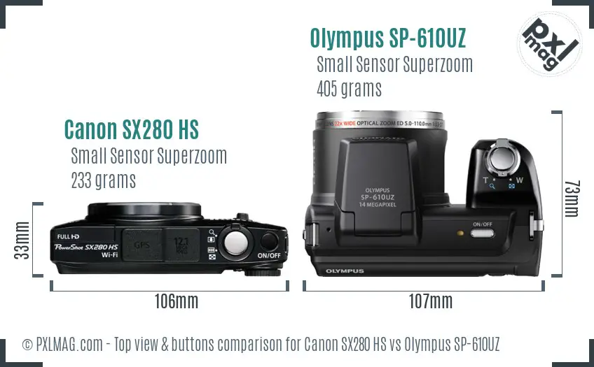 Canon SX280 HS vs Olympus SP-610UZ top view buttons comparison Canon SX280 HS vs Olympus SP-610UZ top view buttons comparison
