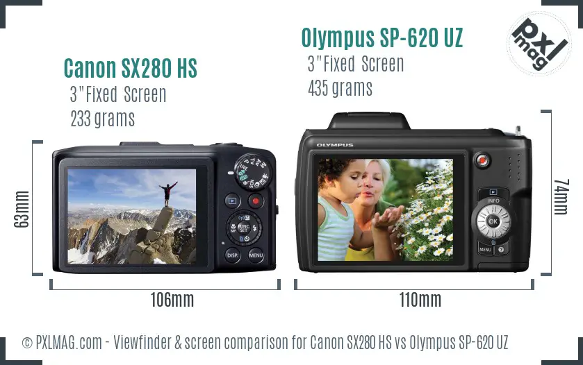 Canon SX280 HS vs Olympus SP-620 UZ Screen and Viewfinder comparison