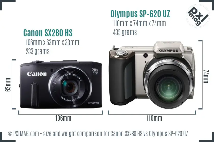 Canon SX280 HS vs Olympus SP-620 UZ size comparison