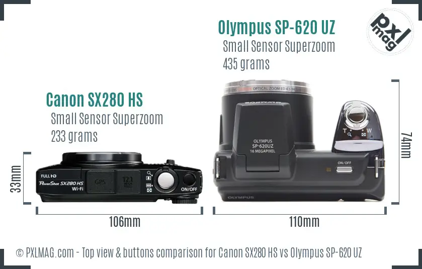 Canon SX280 HS vs Olympus SP-620 UZ top view buttons comparison