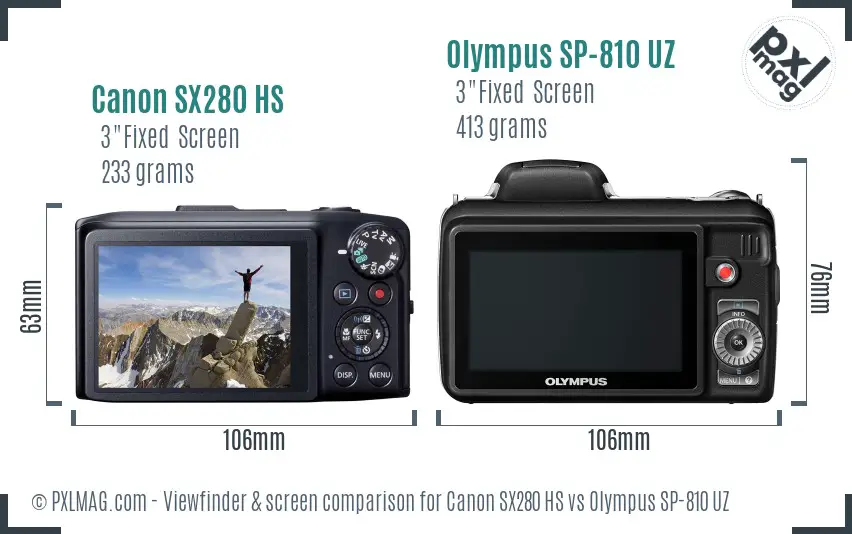 Canon SX280 HS vs Olympus SP-810 UZ Screen and Viewfinder comparison