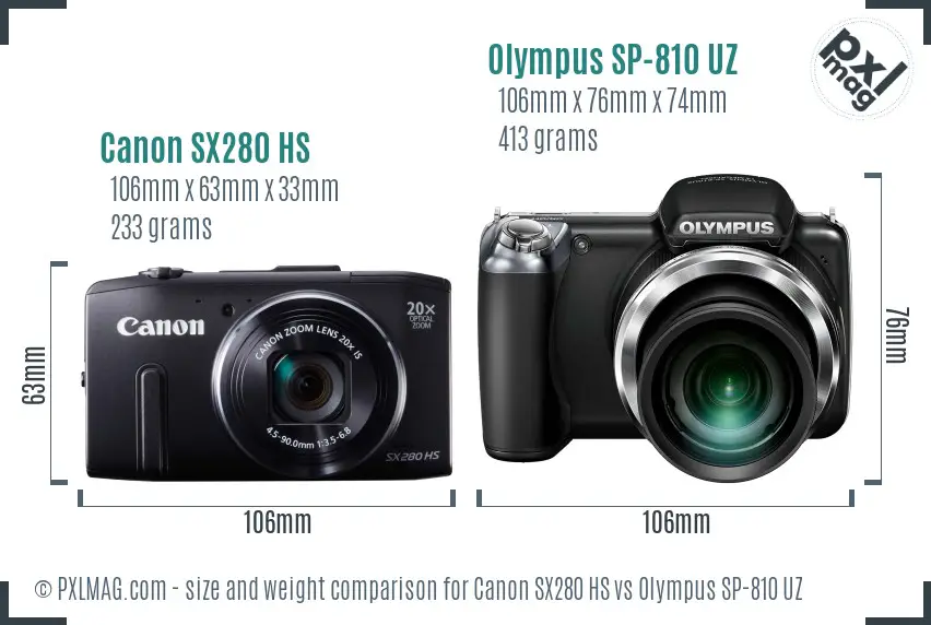 Canon SX280 HS vs Olympus SP-810 UZ size comparison