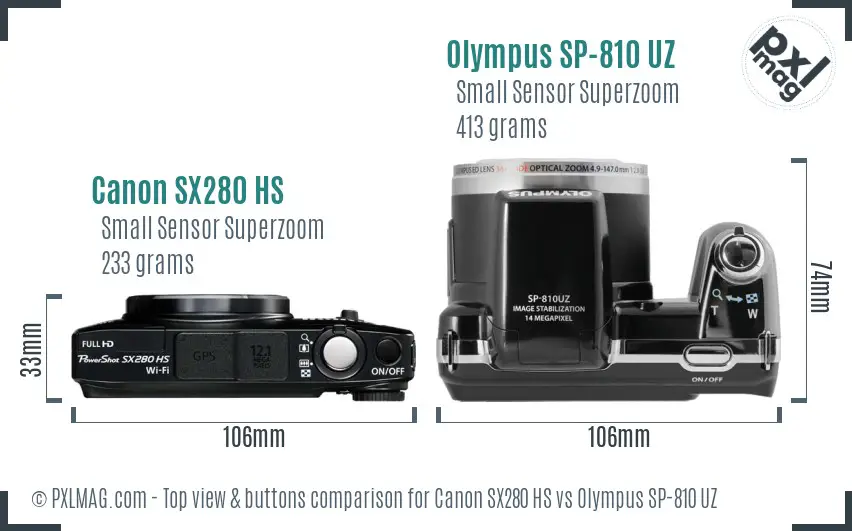 Canon SX280 HS vs Olympus SP-810 UZ top view buttons comparison
