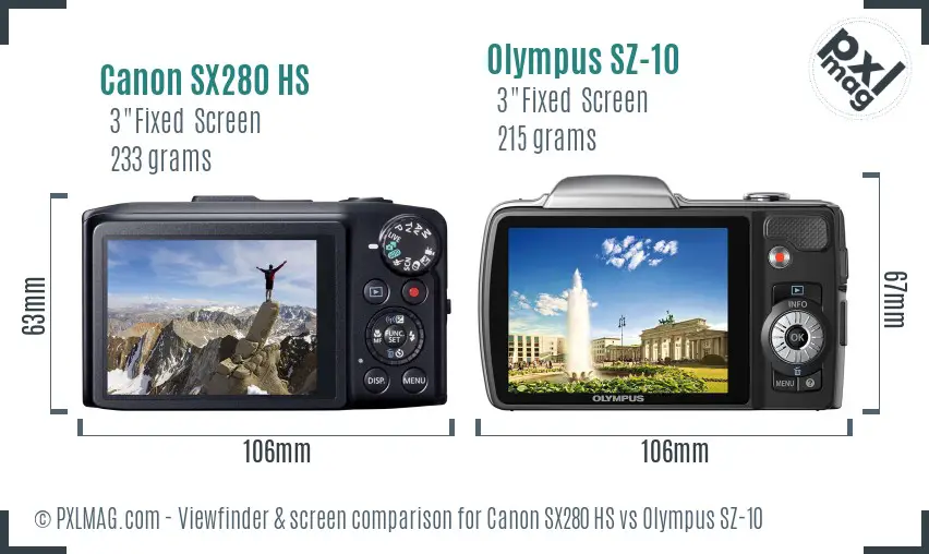 Canon SX280 HS vs Olympus SZ-10 Screen and Viewfinder comparison