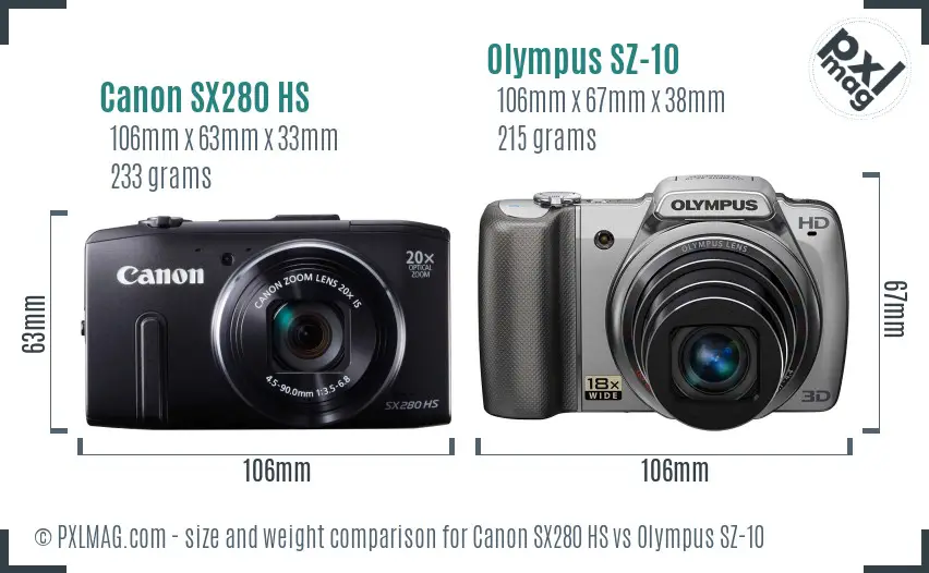 Canon SX280 HS vs Olympus SZ-10 size comparison