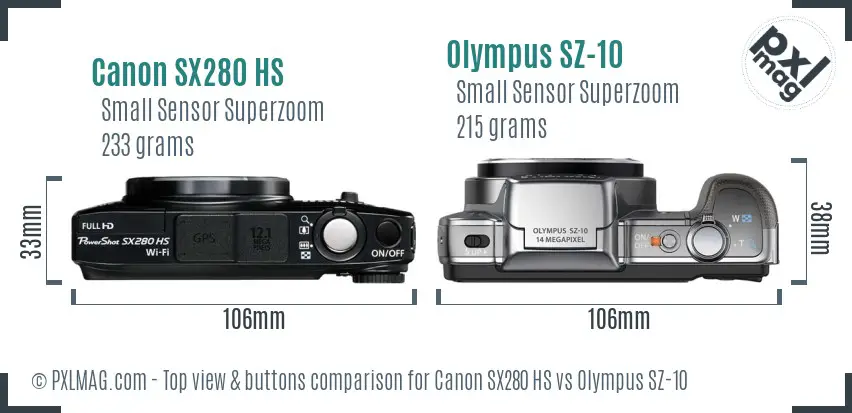 Canon SX280 HS vs Olympus SZ-10 top view buttons comparison