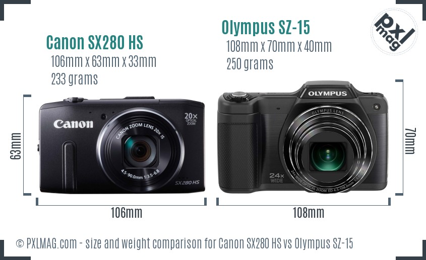 Canon SX280 HS vs Olympus SZ-15 size comparison Canon SX280 HS vs Olympus SZ-15 size comparison