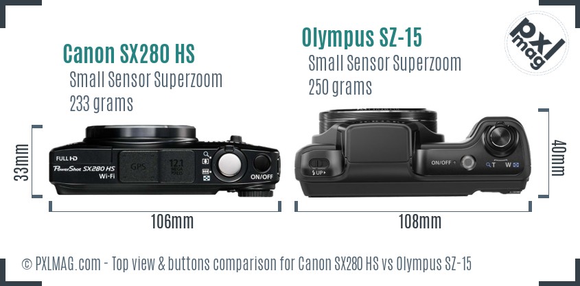 Canon SX280 HS vs Olympus SZ-15 top view buttons comparison