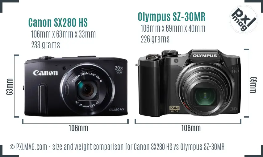 Size and ergonomic comparison of Canon SX280 HS and Olympus SZ-30MR