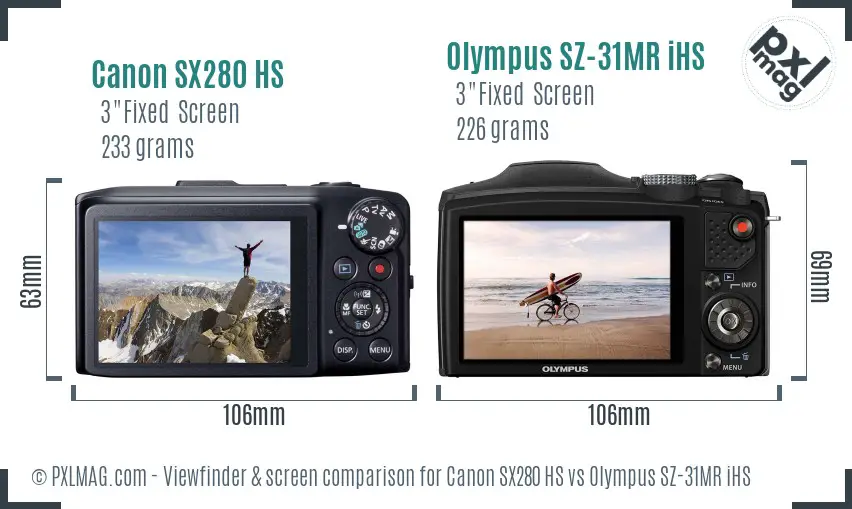 Canon SX280 HS vs Olympus SZ-31MR iHS Screen and Viewfinder comparison