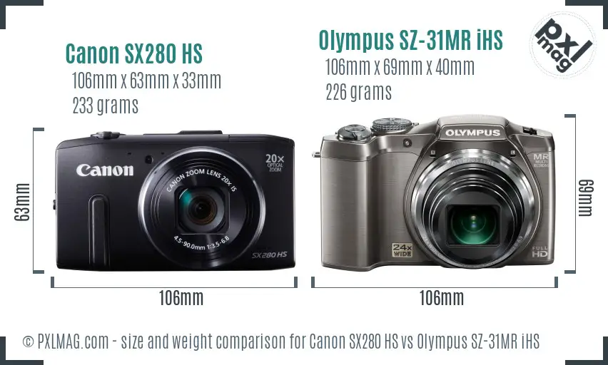 Canon SX280 HS vs Olympus SZ-31MR iHS size comparison