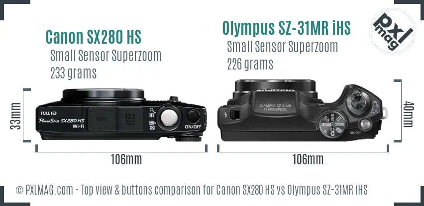 Canon SX280 HS vs Olympus SZ-31MR iHS top view buttons comparison