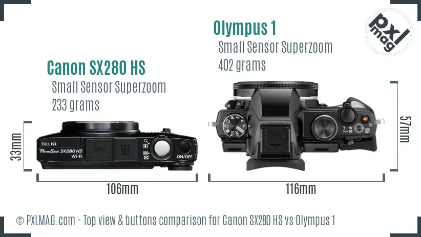 Canon SX280 HS vs Olympus 1 top view buttons comparison