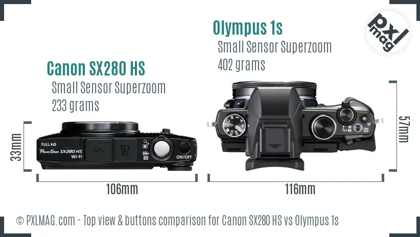 Canon SX280 HS vs Olympus 1s top view buttons comparison
