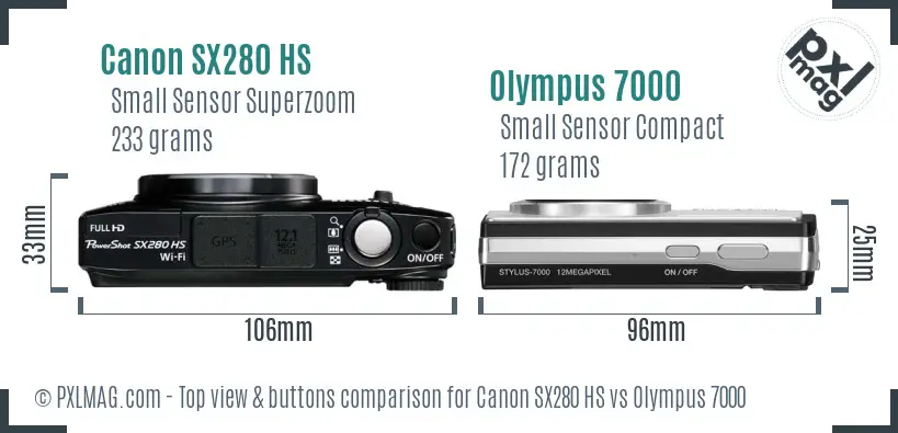 Canon SX280 HS vs Olympus 7000 top view buttons comparison Canon SX280 HS vs Olympus 7000 top view buttons comparison