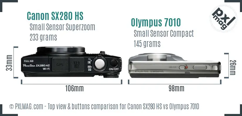 Canon SX280 HS vs Olympus 7010 top view buttons comparison Canon SX280 HS vs Olympus 7010 top view buttons comparison