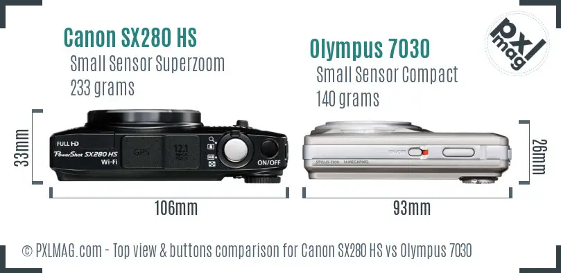 Canon SX280 HS vs Olympus 7030 top view buttons comparison